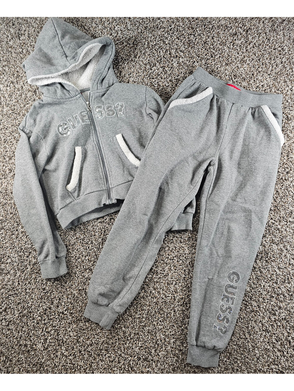 GUESS hoodie and sweatpants sweatsuit set Girls Sz 12 Gray Sherpa Lined Sequin